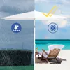 A split image showing a patio umbrella in both rainy and sunny beach conditions, highlighting its features. Produktbild-Vorschau