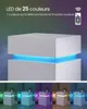 A white nightstand with LED lighting in various colors, shown in a split image with the top half featuring a close-up of the nightstand with blue lighting and text overlays, and the bottom half showing the nightstand in different color lighting options. Náhľad obrázku produktu