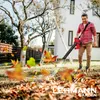 A man is using a leaf blower in a backyard during autumn, with leaves scattered on the ground. Produktbild-Vorschau
