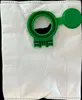 A white vacuum cleaner bag with a green plastic connector. Produktbild-Vorschau