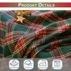 A close-up of a green and red plaid fabric, likely a curtain or tablecloth, with a small wooden star tag that says 'X-MAS'. Below the fabric are four icons representing product features. Voir les images du produit