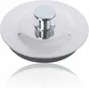 A close-up studio shot of a sink stopper with a chrome-plated handle and a dark gray rubber seal, reflected on a white surface. Produktbild-Vorschau
