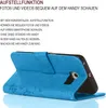 A blue flip case for a smartphone is shown open, displaying its stand function and floral pattern. Produktbild-Vorschau