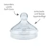 A close-up studio shot of a clear silicone baby bottle nipple with text annotations. Produktbild-Vorschau