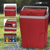 A red cooler box is shown outdoors, surrounded by grass and flowers, with inset images highlighting its features. Produktbild-Vorschau