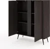 A dark wood cabinet with open doors, revealing shelves and a textured vertical panel. Produktbild-Vorschau