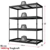 A black metal shelving unit with four shelves, each with weights on them to indicate load capacity. Produktbild-Vorschau