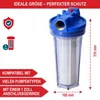 A water filter housing with a filter inside, shown with measurement indicators and feature callouts. Produktbild-Vorschau