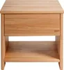 A close-up, front view of a light-colored wooden nightstand with a single drawer and an open shelf below. Produktbild-Vorschau