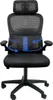 A black ergonomic office chair with a mesh back and headrest, featuring a graphic overlay illustrating lumbar support. Produktbild-Vorschau
