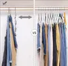 A comparison of two closet organizing methods for hanging pants, showing a multi-tier hanger on the left and individual hangers on the right. Produktbild-Vorschau