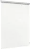 A white roller blind is shown hanging from a silver roller mechanism. Produktbild-Vorschau