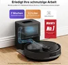 A robot vacuum cleaner and its charging/emptying station are shown on a wooden floor, with marketing text and badges. Produktbild-Vorschau