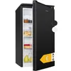 A black Bomann refrigerator with its door open, showing shelves with food items. The product is shown against a white background with color options and an energy efficiency label displayed on the door. Produktbild-Vorschau