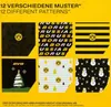 A collage of different patterns, likely for socks or fabric, featuring the BVB logo and various designs like stripes, text, a Christmas tree, and snowmen. Produktbild-Vorschau