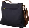 A dark blue handbag with brown leather straps is shown from the back and side. Produktbild-Vorschau