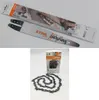 A Stihl carving chainsaw bar and chain are shown, one in its packaging and the other laid out. Produktbild-Vorschau