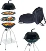 A collection of barbecue grill components and accessories, including a grill, lid, cooking plates, and a carrying bag, arranged against a white background. Produktbild-Vorschau