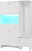 A white entryway furniture set with storage, a mirror, and a bench. Produktbild-Vorschau