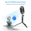 A 3D scanner and tripod are shown, with a bust on a turntable being scanned. A graphic highlights the scanner's accuracy. Produktbild-Vorschau