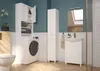 A modern bathroom with white vanity, sink, toilet, and laundry cabinet. Anteprima dell’immagine prodotto