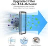 An illustration showing an air filter being used to clean air, with particles being trapped by the filter and clean air flowing out. There are also smaller inset images showing different features of the filter. Produktbild-Vorschau