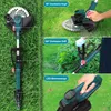 A collage of images showing a cordless grass trimmer and its features in use. Produktbild-Vorschau