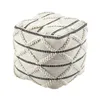 A cube-shaped pouf with a textured pattern and black stripes, shown against a white background.