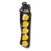 A black power strip with five yellow outlets, sealed in clear plastic packaging. Produktbild-Vorschau