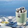 A green citrus juicer sits on a wooden table with a bowl of fruit salad and a cup, with a blurred blue ocean and sky in the background. Produktbild-Vorschau