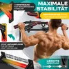 A muscular man is performing a pull-up on a wall-mounted pull-up bar. The image is overlaid with text and graphics highlighting product features. Produktbild-Vorschau