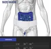 A diagram of a human torso showing the intestines and a hernia belt, with a size guide below. Produktbild-Vorschau