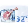 A piece of raw meat is frozen in a block of ice, with the temperature "32°C" displayed next to it. Produktbild-Vorschau