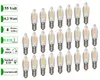 A collection of LED filament light bulbs arranged in rows on a white background, with descriptive text labels on the left side. Produktbild-Vorschau