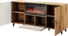 A wooden sideboard with an integrated electric fireplace, shown with its doors and a central drawer open. Náhled obrázku produktu