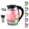 A glass electric kettle with various temperature settings displayed on the side.