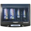 A battery charger with several batteries inside, viewed from the front. Produktbild-Vorschau