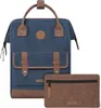 A blue backpack with brown leather accents and a matching brown pouch.