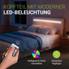 A bedroom scene with a bed featuring LED lighting. Produktbild-Vorschau