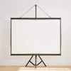 A white projection screen on a black tripod stand against a white wall. Produktbild-Vorschau