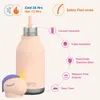 A pink insulated water bottle with a unicorn-themed lid, featuring various product features highlighted with text and icons. Anteprima dell’immagine prodotto