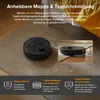 A robot vacuum cleaner is shown on a rug, with inset images and text describing its features. Produktbild-Vorschau
