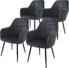 A set of four dark gray dining chairs with armrests and metal legs, arranged on a white background. Podgląd zdjęcia produktu