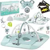 A collage of a baby play mat and its accessories, including a pillow, toys, and packaging. Voir les images du produit