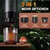 A portable espresso machine is shown brewing coffee into a glass, with various capsule options displayed. Produktbild-Vorschau