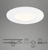 A white LED recessed ceiling light with technical diagrams below. Produktbild-Vorschau
