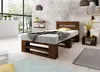 A bedroom with a wooden pallet bed, large window, and decorative shelves. Produktbild-Vorschau