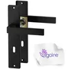 A black door handle set with a gold lock mechanism, shown against a white background. A cleaning cloth with a logo is also present. Produktbild-Vorschau