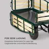 A close-up view of a dark green garden cart with wooden slatted sides, showing its sturdy construction and the ability to fold down the sides. Produktbild-Vorschau