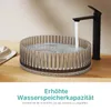 A glass sink with water filling it, with a black faucet pouring water into it. The sink is on a wooden surface. Produktbild-Vorschau